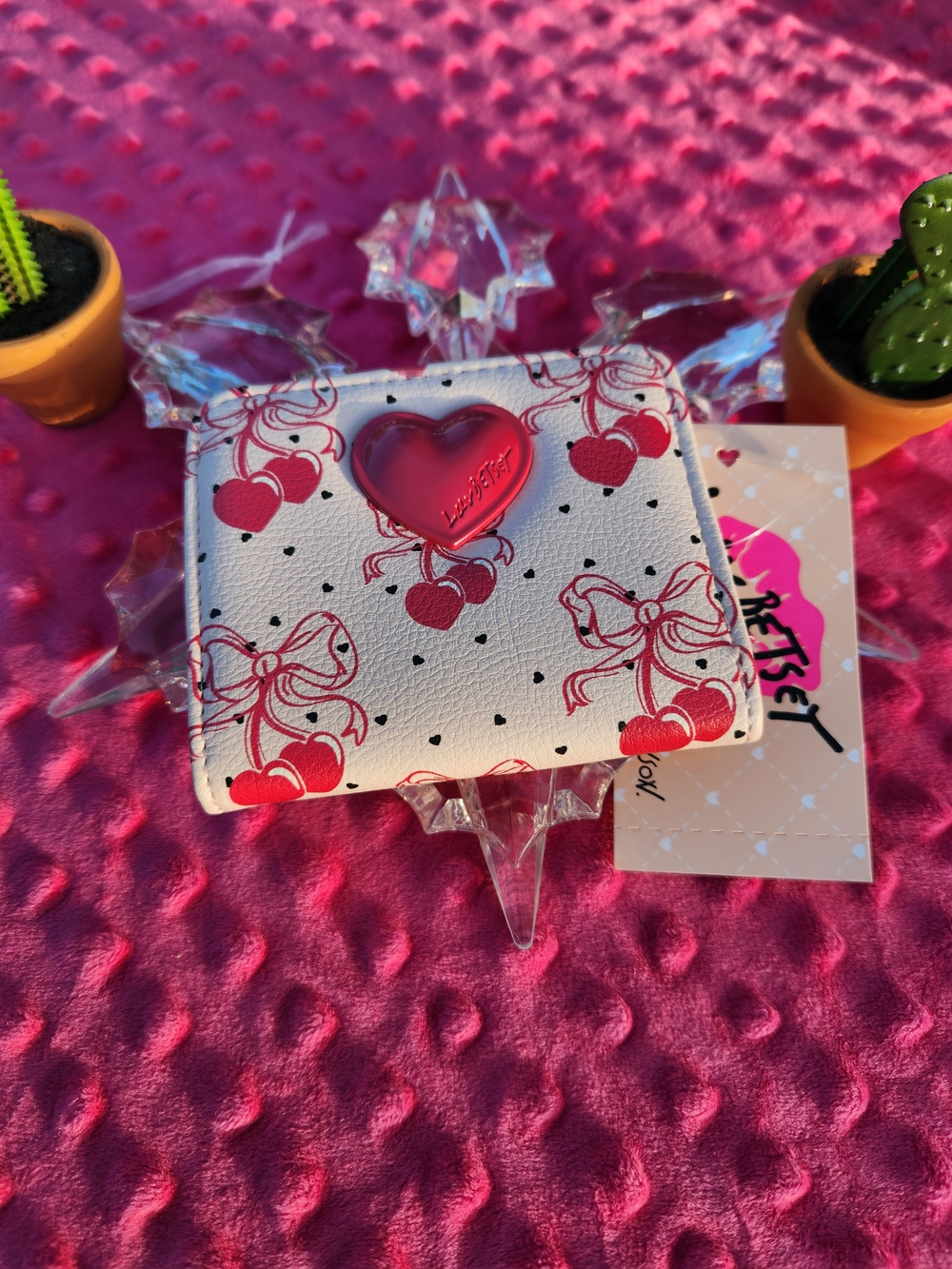 Betsey Johnson White Wallet with Red Heart Accent and Bow Print